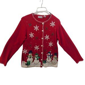 B.P. Design Vintage Beaded Snowflake and Snowmen, Ugly Christmas Cardigan Sweate